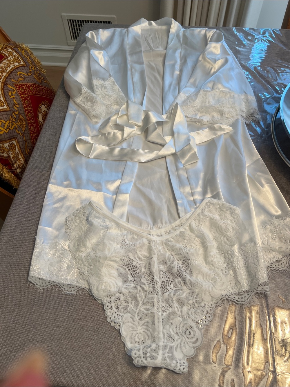Satin Lace Trim Robe & Panty Set - White